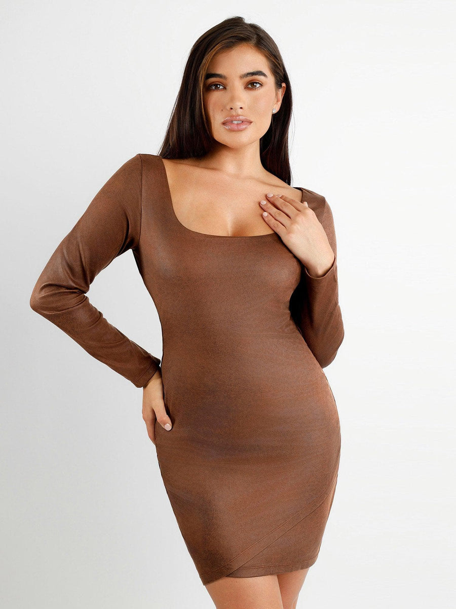 Built-In Shapewear Faux-Suede Long Sleeve Midi Dress