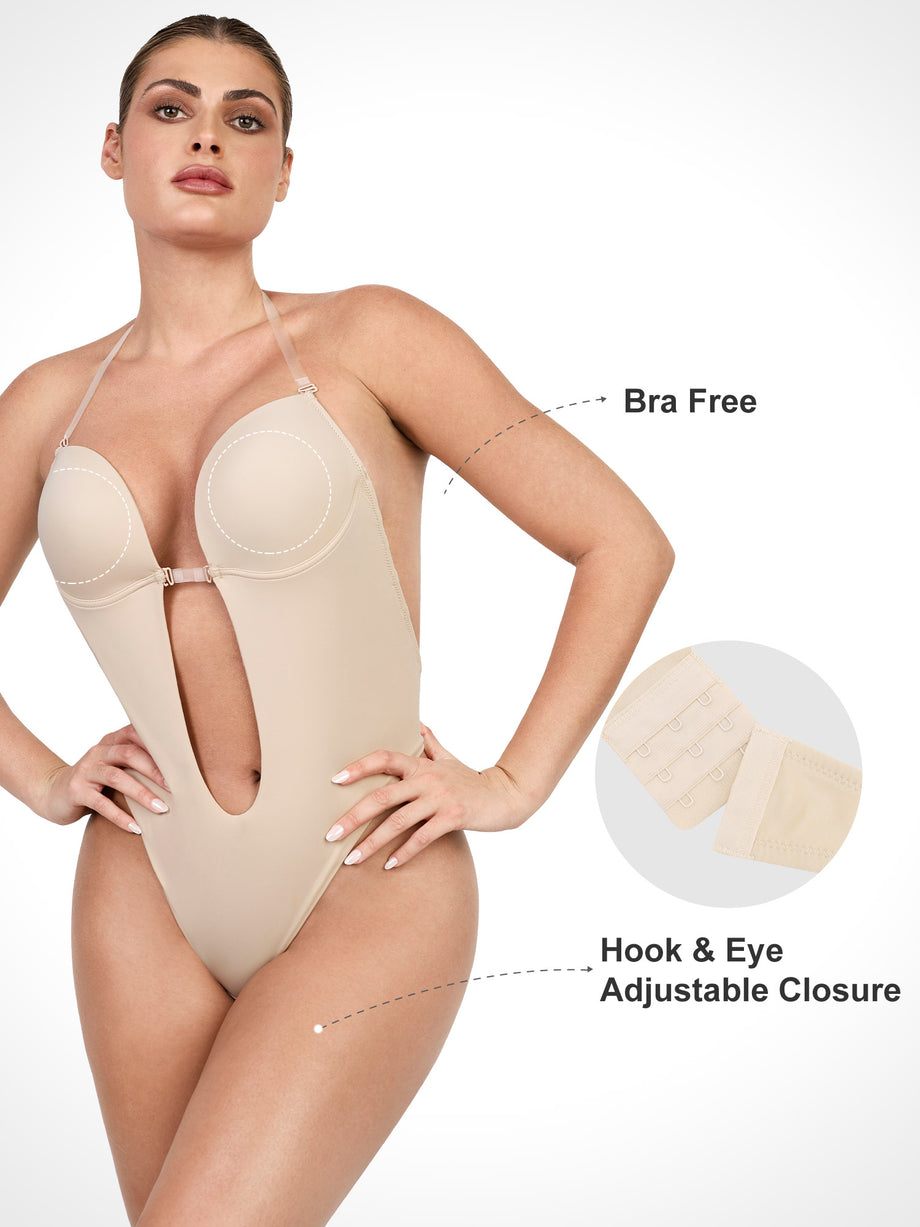 Defitshape Women's Backless Body Shapewear Seamless U Plunge Bodysuit  Bridal Thong Shaper Khaki 36 fit 36C/36D