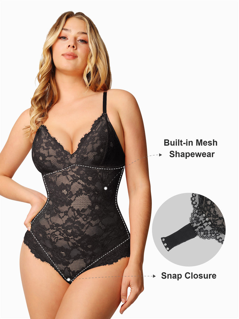 Hassembly Women Sexy Sheer Mesh Lace Bodysuit Body Top Low Cut See Through  Going Out Tops Tummy Control Thong Shapewear