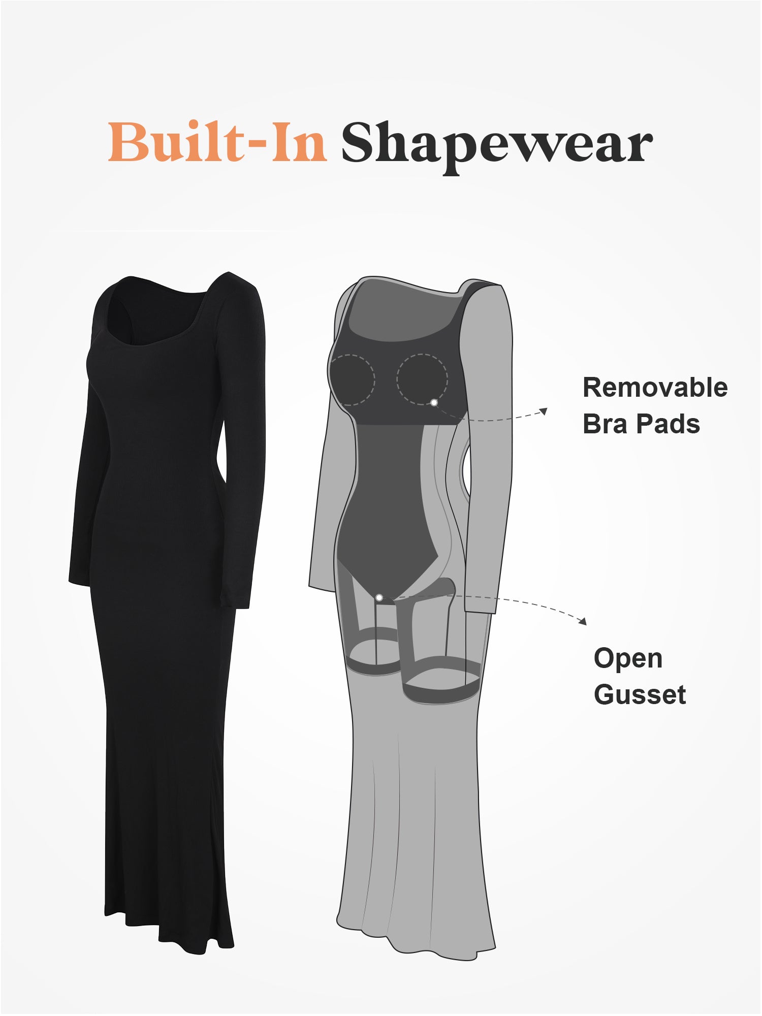 Popilush Dress XL Black Ribbed Maxi Long Sleeve Built In Bra Body Shaper  Bodycon