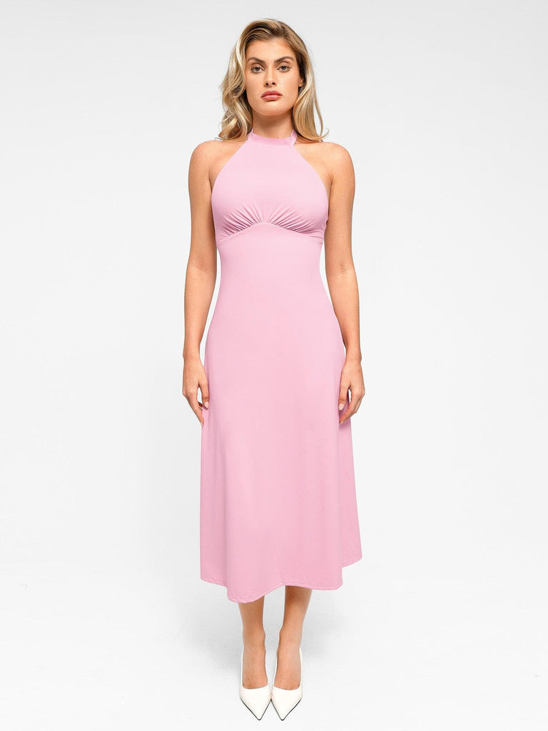 Popilush? Bodycon Summer Dress Low Back Built-In Shapewear Halter A-Line Sleeveless Midi Dress