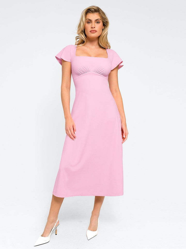Popilush? Casual Daily Dress Baby Pink / XS Built-In Shapewear A-Line Square Neck Midi Dress