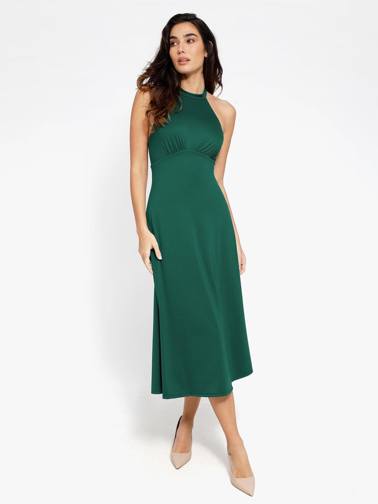 Popilush? Dark Green / XS Built-In Shapewear Halter A-Line Sleeveless Midi Dress