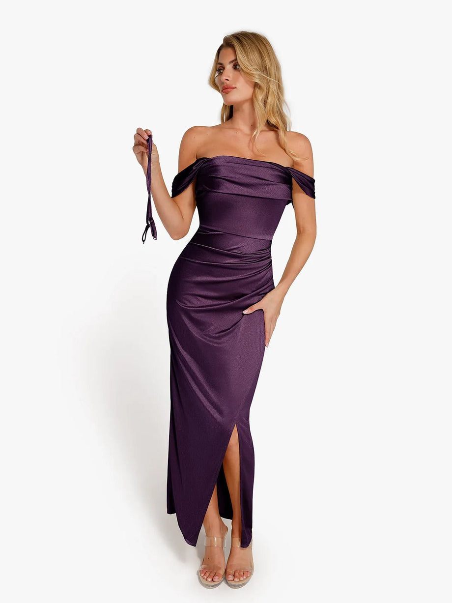 shapewear off shoulder shine ruched sculpting maxi dress – Popilush CA Pair It With Heels size:US14 Summer Maxi Dresses | fashion clothing