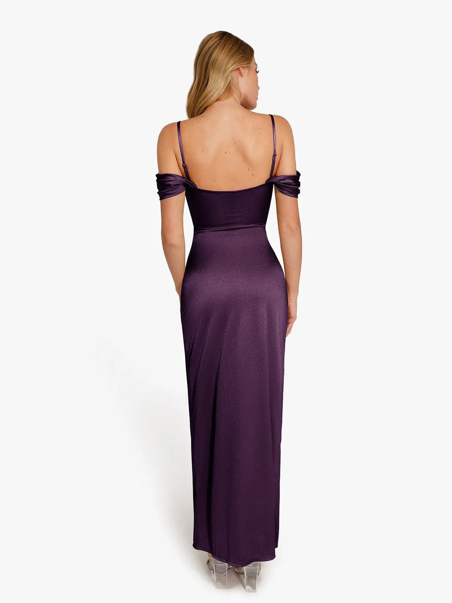 shapewear off shoulder shine ruched sculpting maxi dress Shapewear Off-Shoulder Ruched Maxi | Sculpting Shine