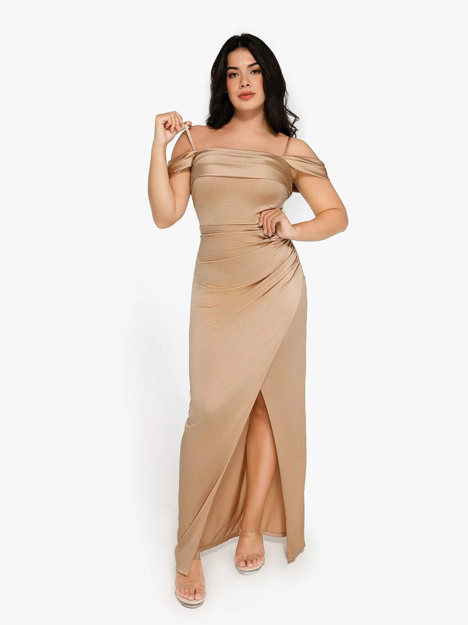 shapewear off shoulder shine ruched sculpting maxi dress Shapewear Off Shoulder Shine Ruched Sculpting Maxi Dress – Popilush CA