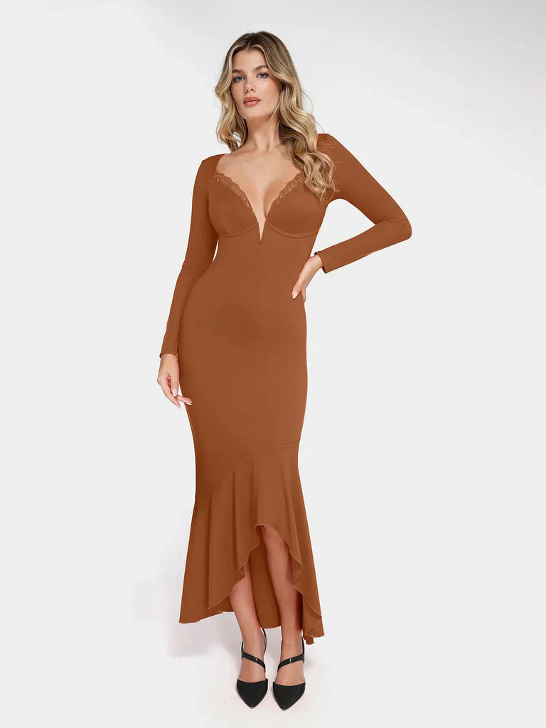 New arrivals Brown / S The Shapewear Dress Long Sleeve Mermaid Hem Lace Maxi