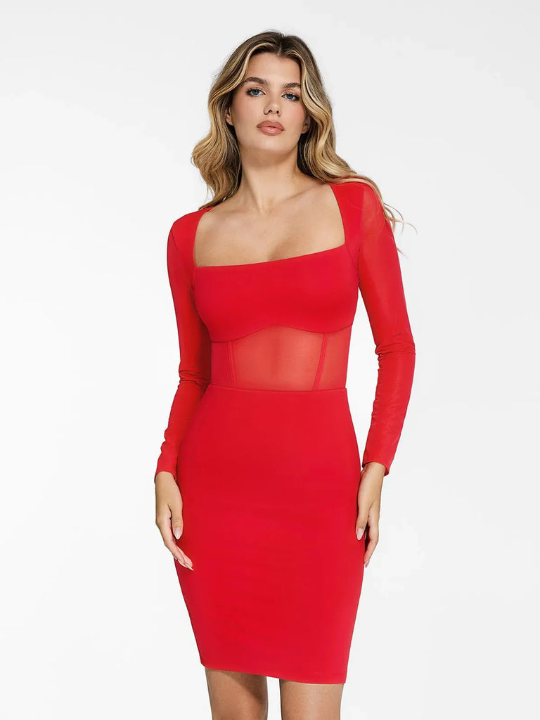 New arrivals Red / XS The Shapewear Dress Sculpting Long Sleeve Mesh Midi