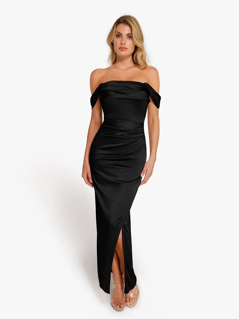 popilush black dress Built-In Shapewear Long Sleeve Split | Tummy Control formal events and other occasions Popilush Black Midi Dress Cowl