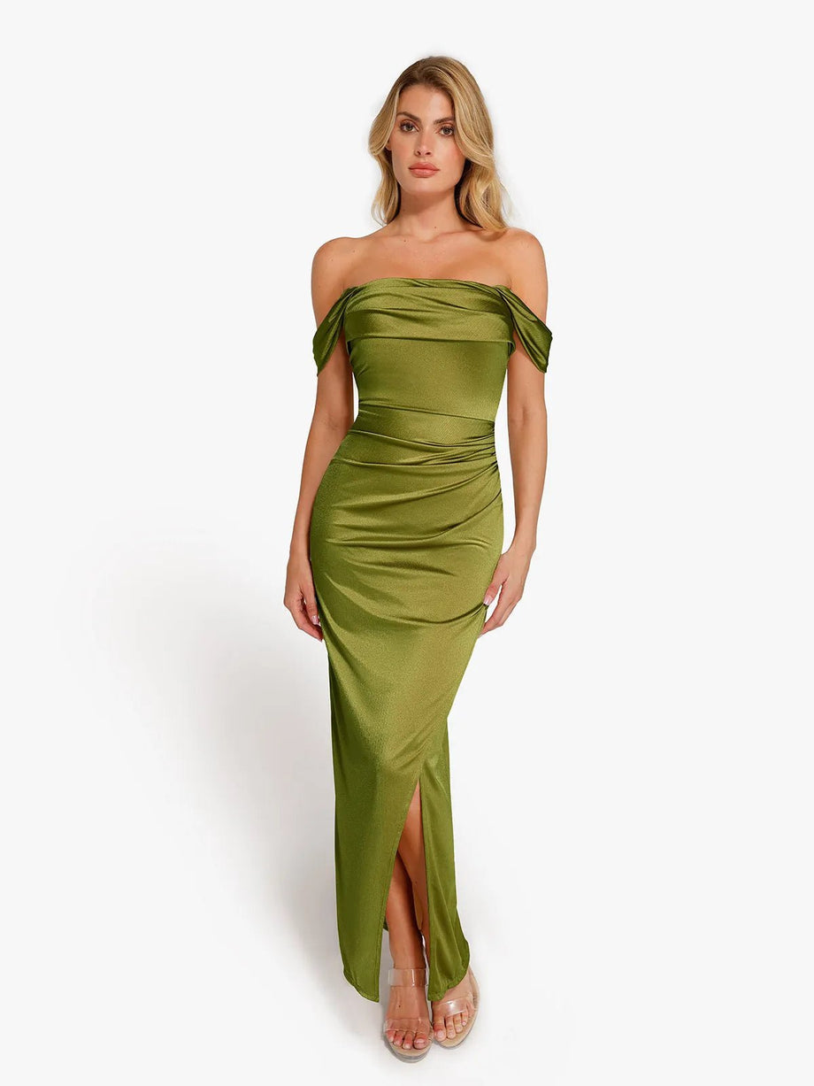 Shapewear Off Shoulder Shine Ruched Sculpting Maxi Dress – Popilush CA