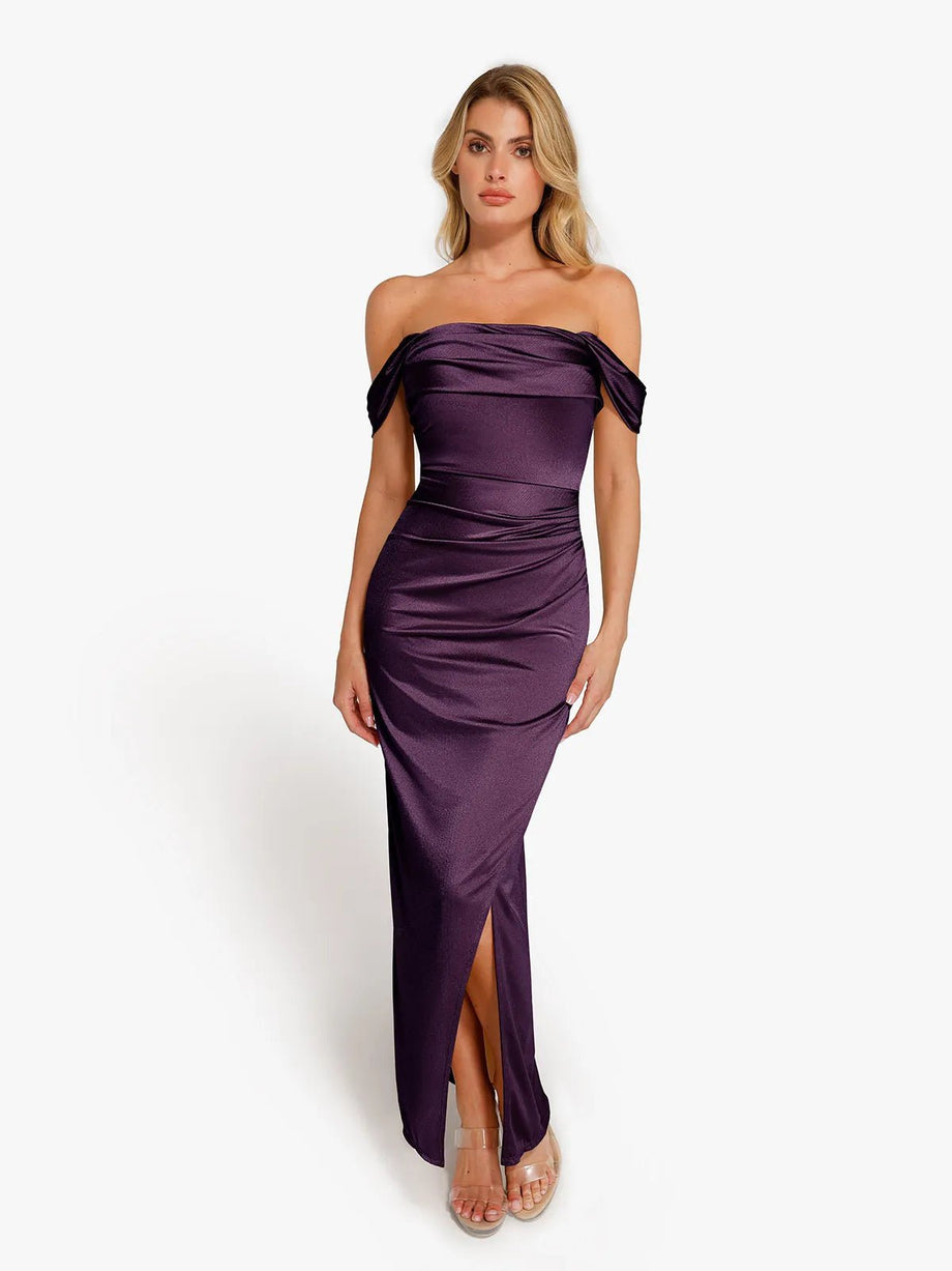 shapewear off shoulder shine ruched sculpting maxi dress Shapewear Off Shoulder Shine Ruched Sculpting Maxi Dress by @popilush @eu.popilush , ., This dress is absolutely gorgeous and so comfortable. The fabric is silky soft and i love the beautiful floral