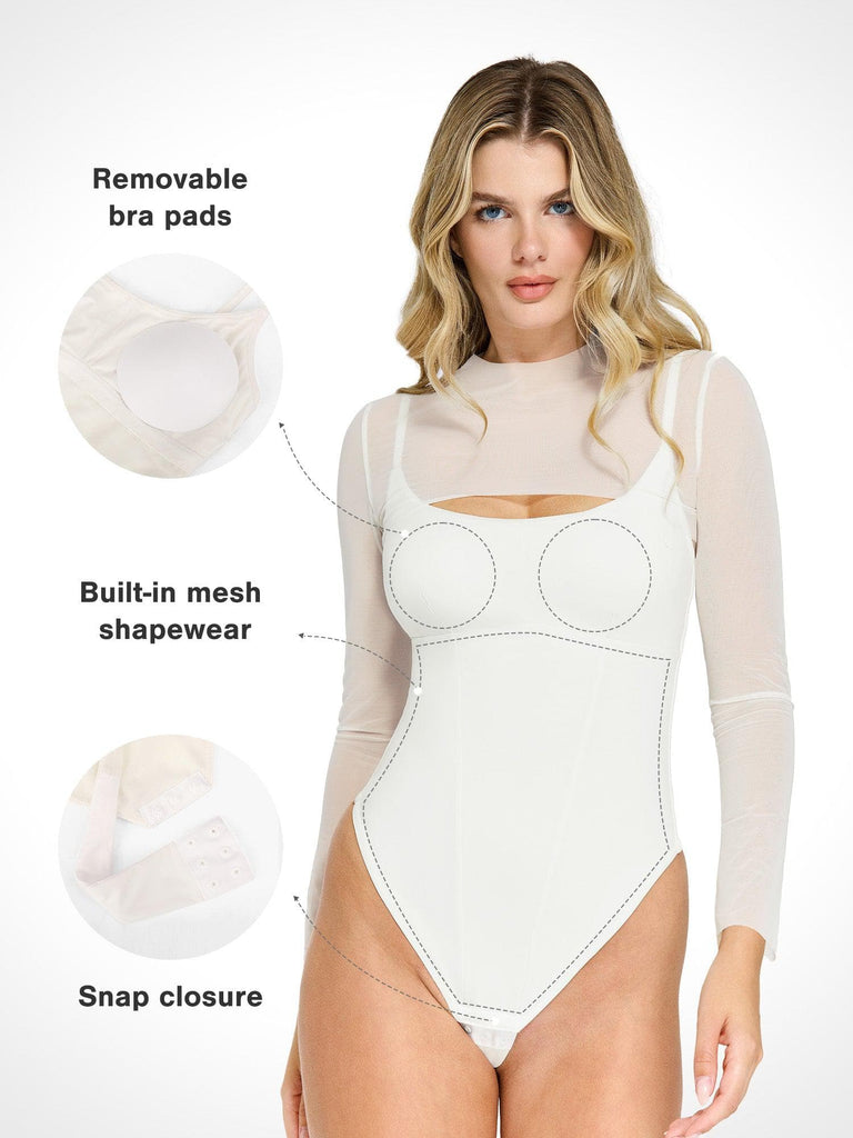 Popilush? Sexy Tops Body Shaper Long Sleeve The Shapewear Bodysuit Sheer Mesh Cutout Set