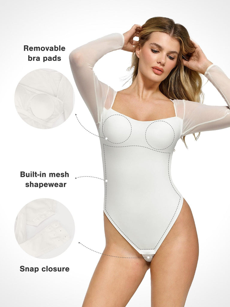 Popilush? Tops Body Shaper Long Sleeve The Shapewear Bodysuit with Square Neck and Mesh Sleeves