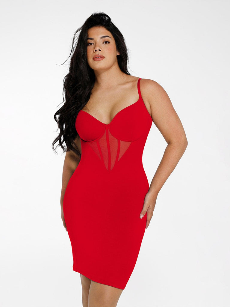 Popilush? Slip Bodycon Party Summer Cocktail Casual Gown Red / XS The Shapewear Dress Midi with Mesh Detail