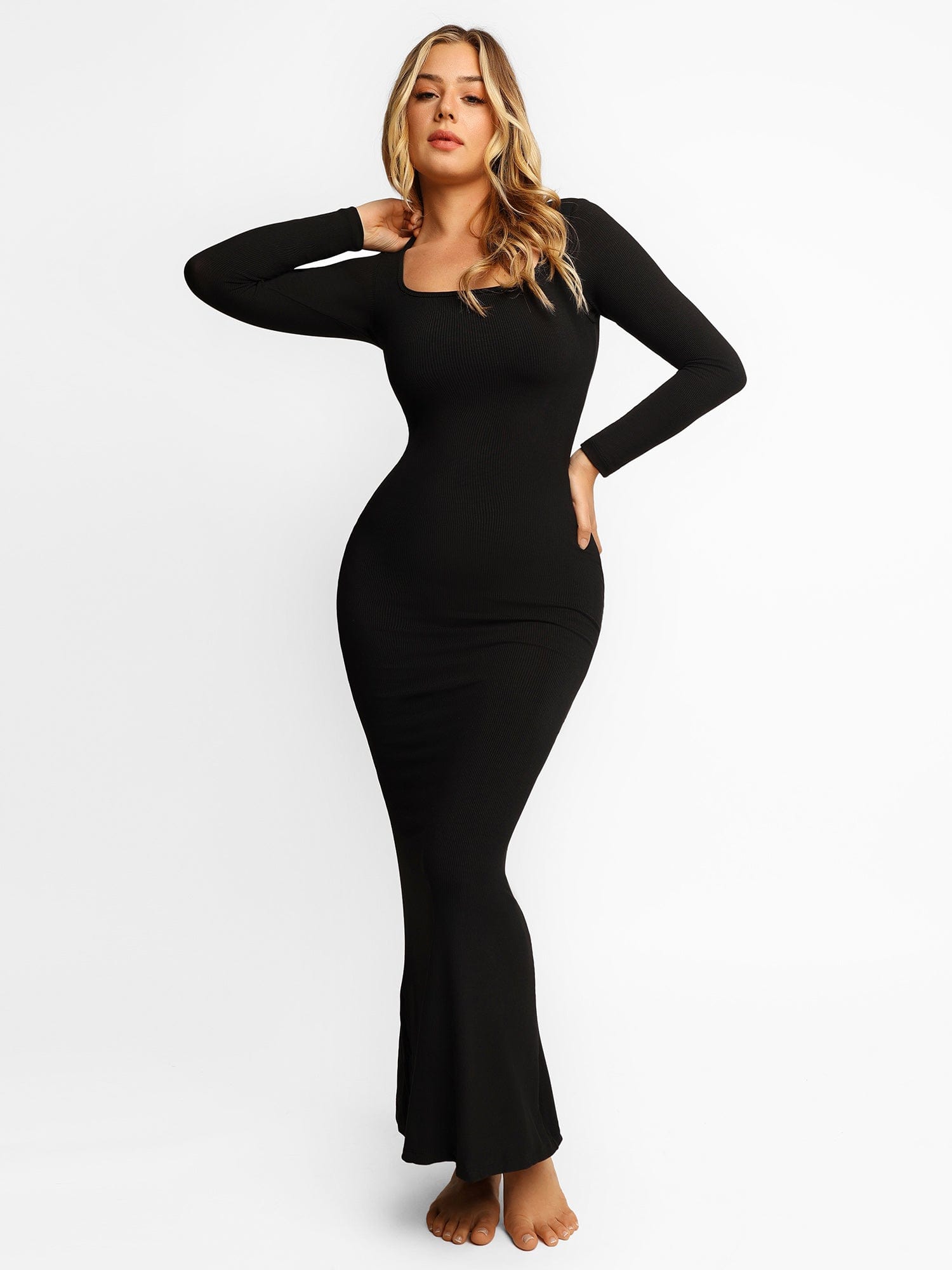 Our long sleeve lounge dress with built in shapewear is a must