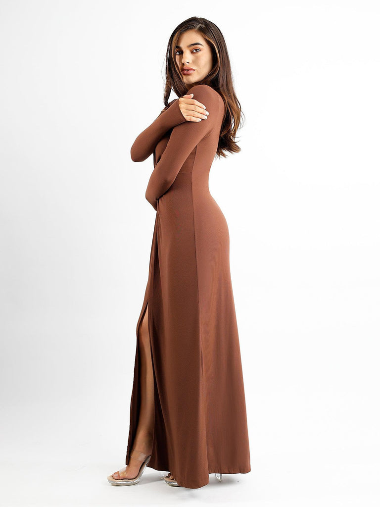 Popilush? Long Sleeve Party Dress Built-In Shapewear Deep V-Neck Twist Split Maxi Dress