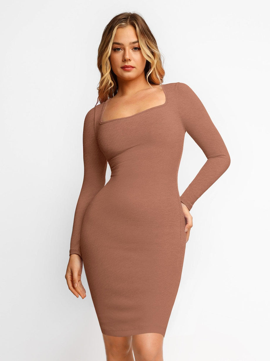 brown long sleeve bodycon dress Built-In Shapewear Long Sleeve Midi Lounge Dress
