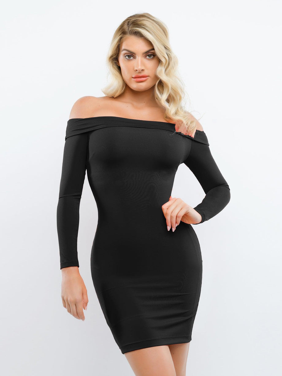 Built-In Shapewear Off Shoulder Long Sleeve Midi Dress  Popilush CA