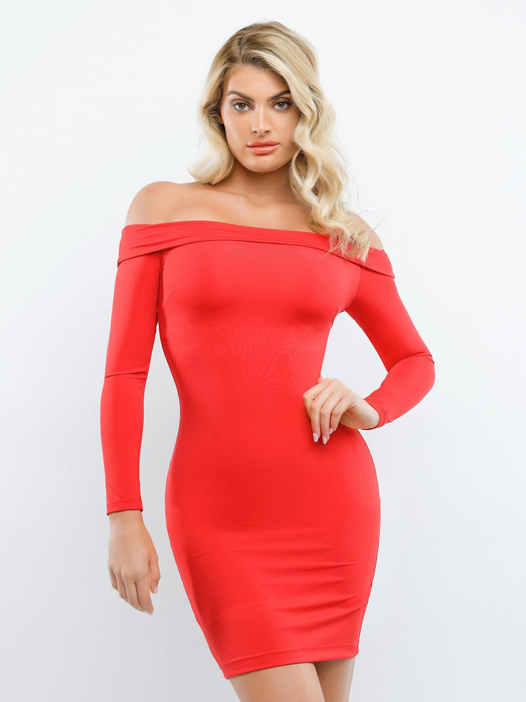 Popilush? Red / XS Built-In Shapewear Off Shoulder Long Sleeve Midi Dress