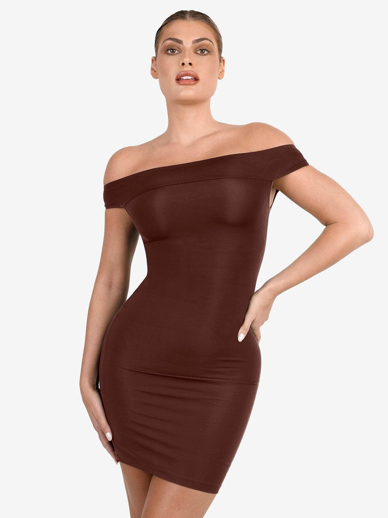 Popilush? Brown / S Built-In Shapewear Off Shoulder Mini Dress