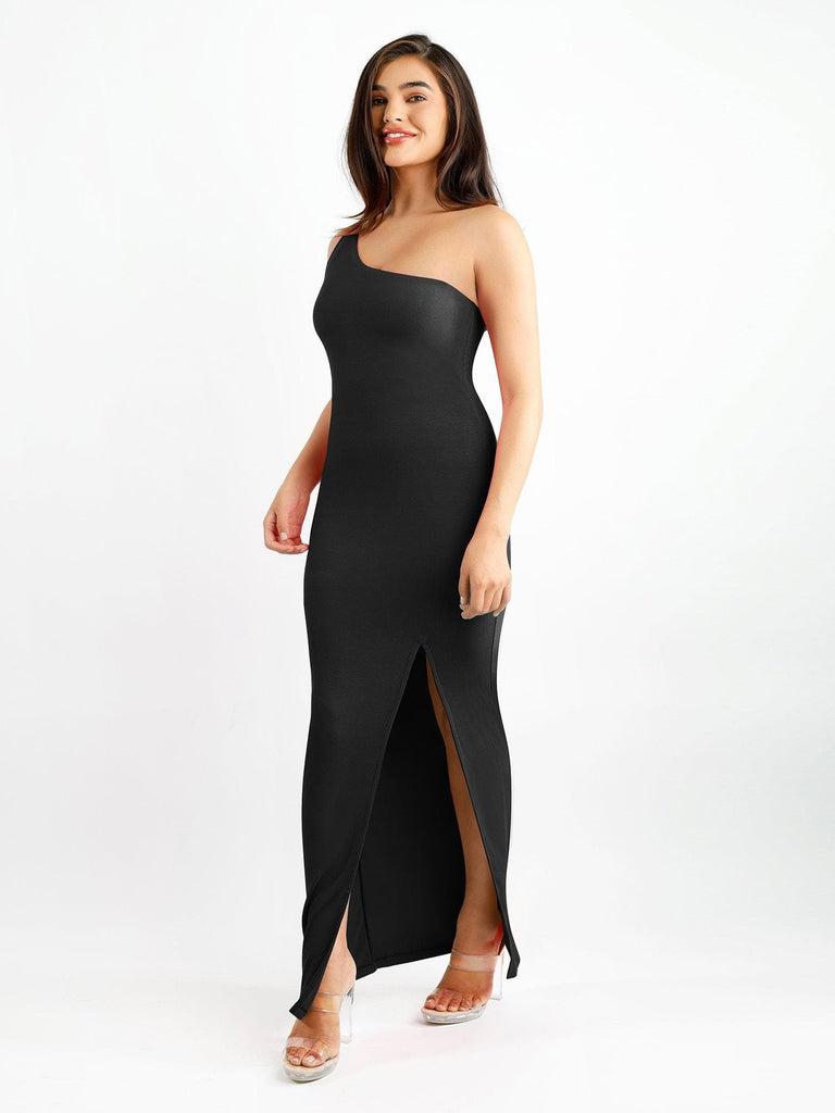 Popilush? Formal Bodycon Party Dress Built-In Shapewear One Shoulder Split Modal Maxi Dress