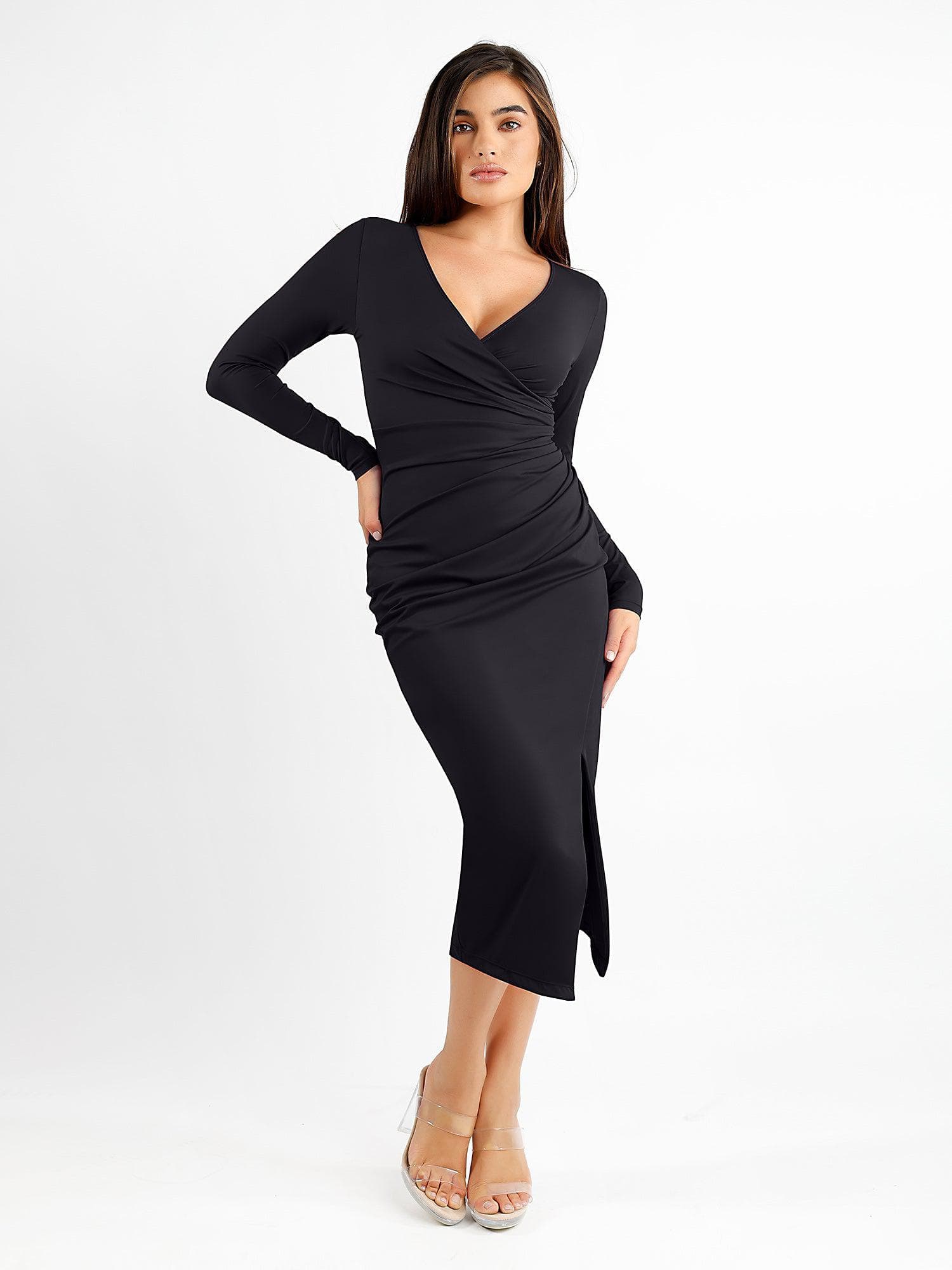 Built-In Shapewear Ruched Long Sleeve Split Midi Dress – Popilush®CA