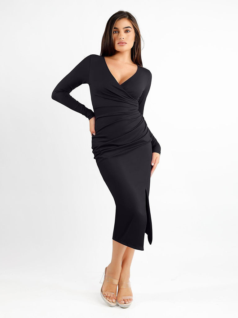 Popilush? Formal Bodycon Party Dress Black / S Built-In Shapewear Ruched Long Sleeve Split Midi Dress