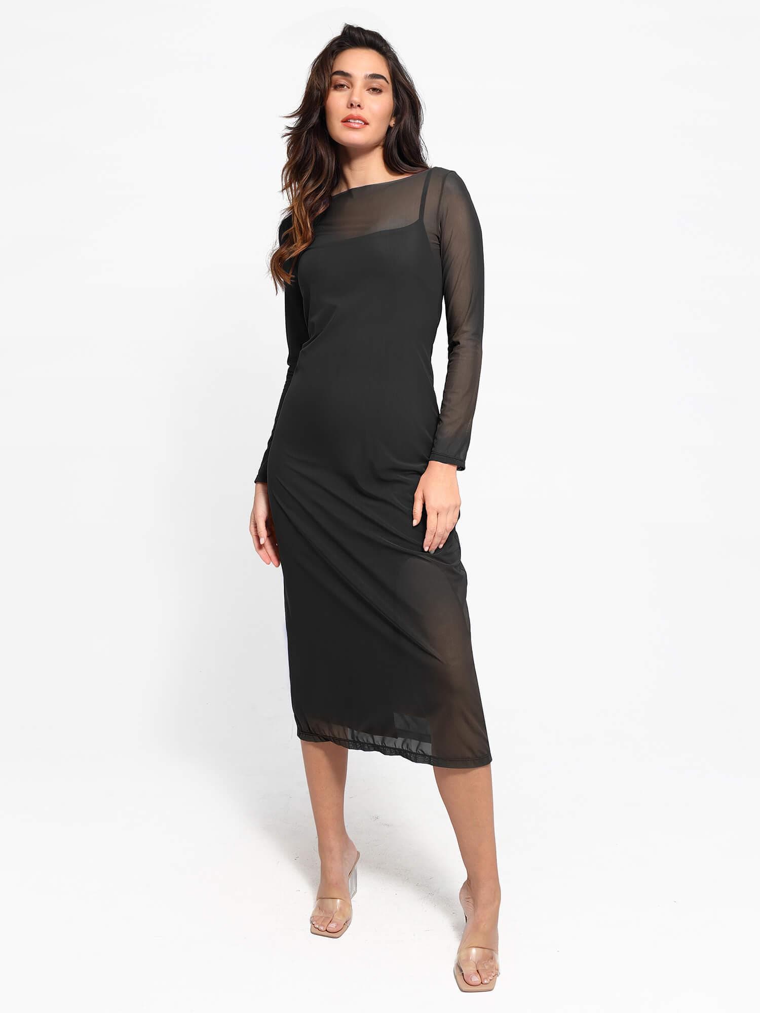 Built-In Shapewear Sheer Mesh Slip Split Midi Dress Popilush CA Built-In Shapewear Sheer Mesh Slip Split Midi Dress Popilush CA