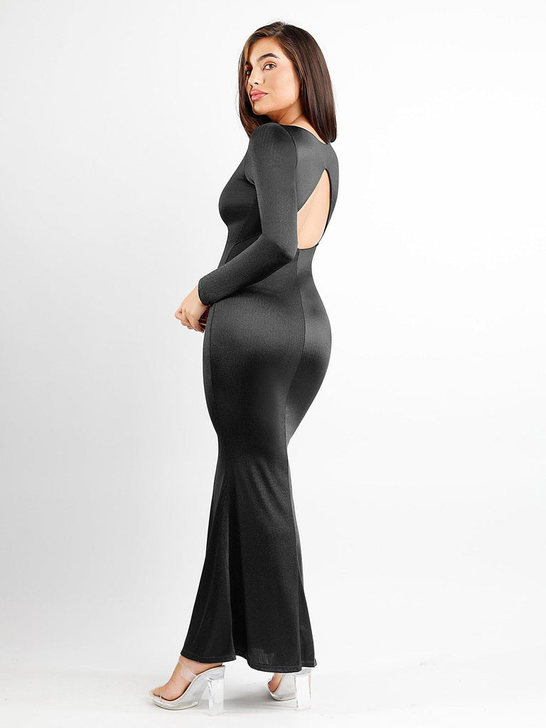 Popilush? Built-In Shapewear V-Neck Long Sleeve Shine Maxi Dress
