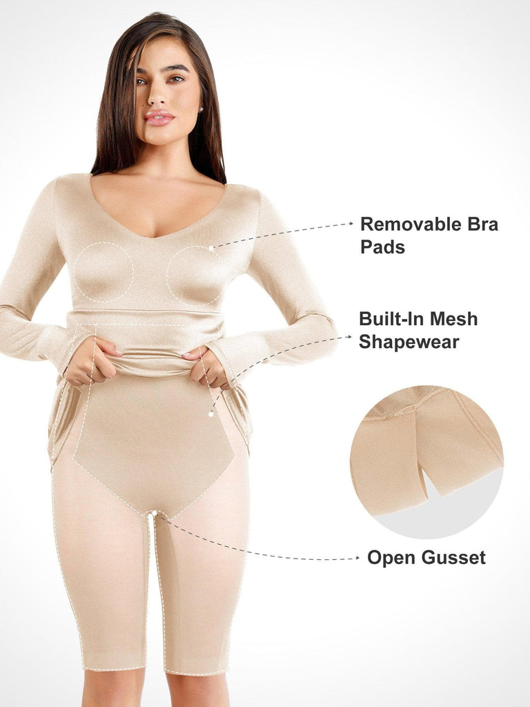 Popilush? Built-In Shapewear V-Neck Long Sleeve Shine Maxi Dress