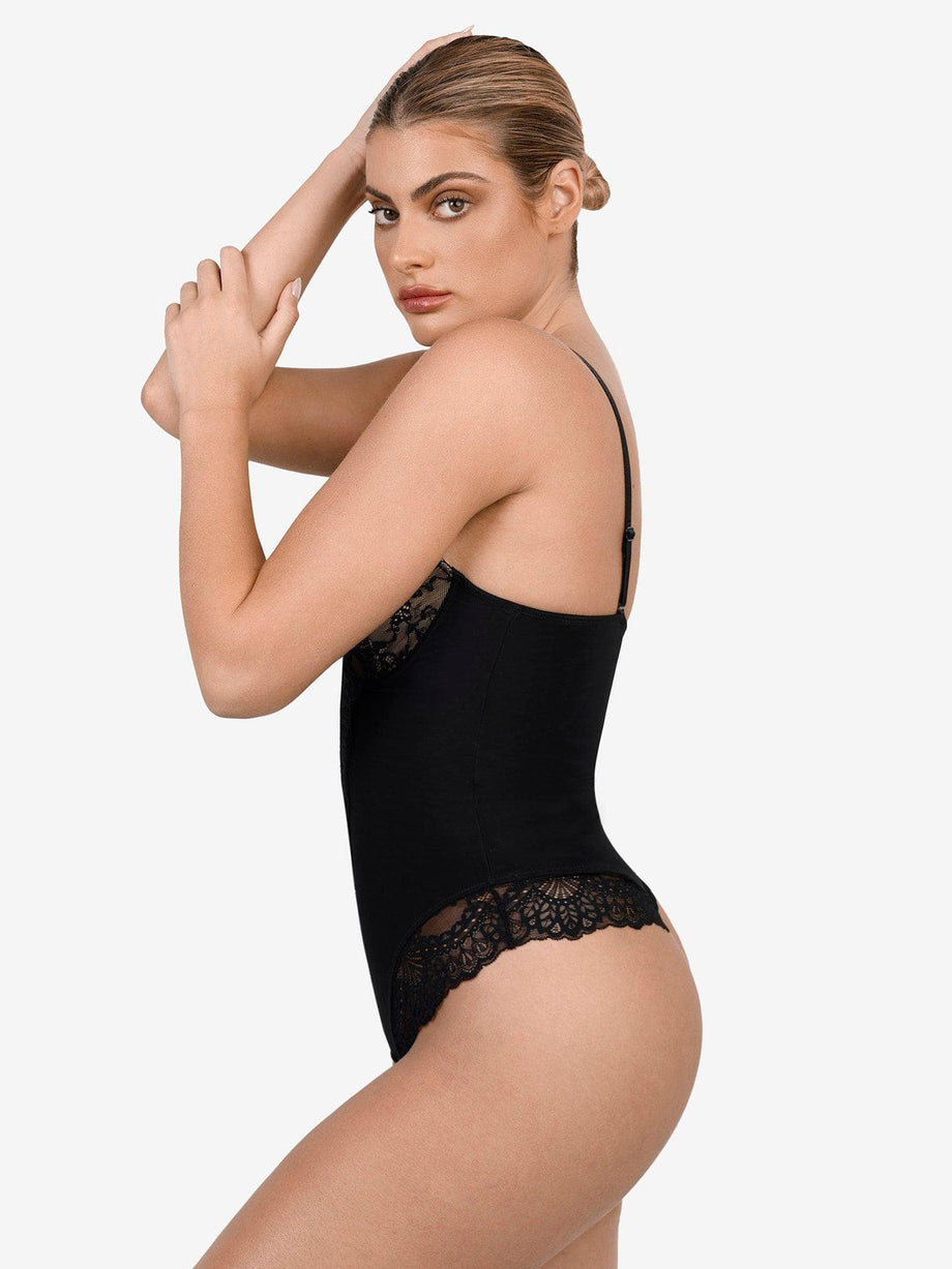 Sexy Lace Thong Bodysuit For Women Tummy Control Shapewear V Neck