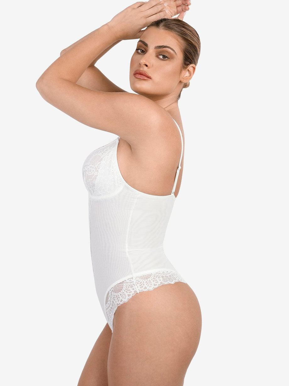White V Neck Contrast Lace Bodysuit