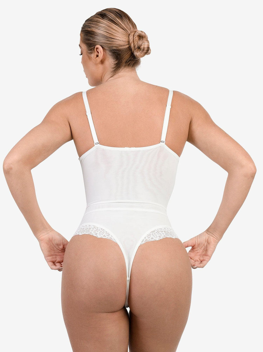 White Lace Open Back Thong Bodysuit, Tops