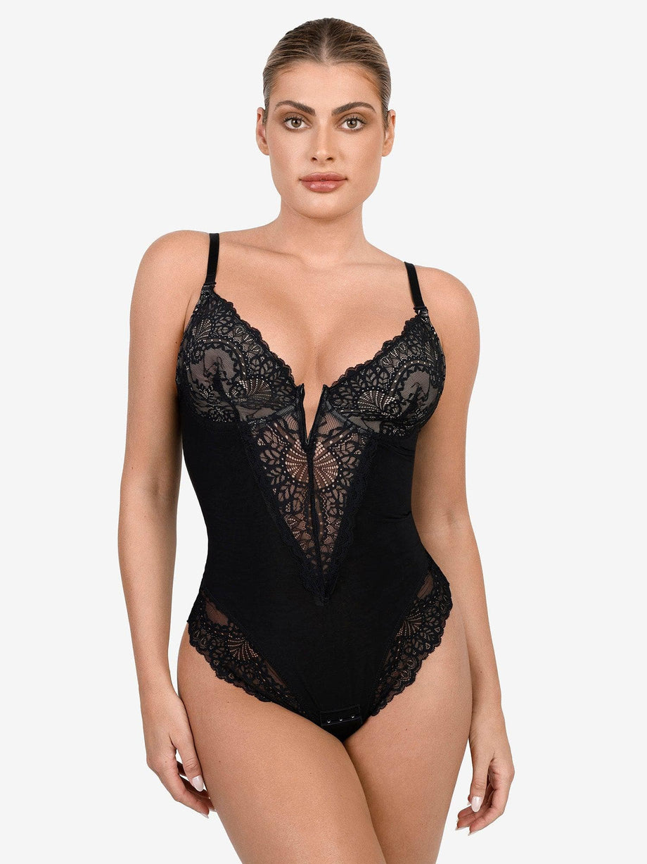 Free Shipping / Deep-V Neck Lace Thong Bodysuit