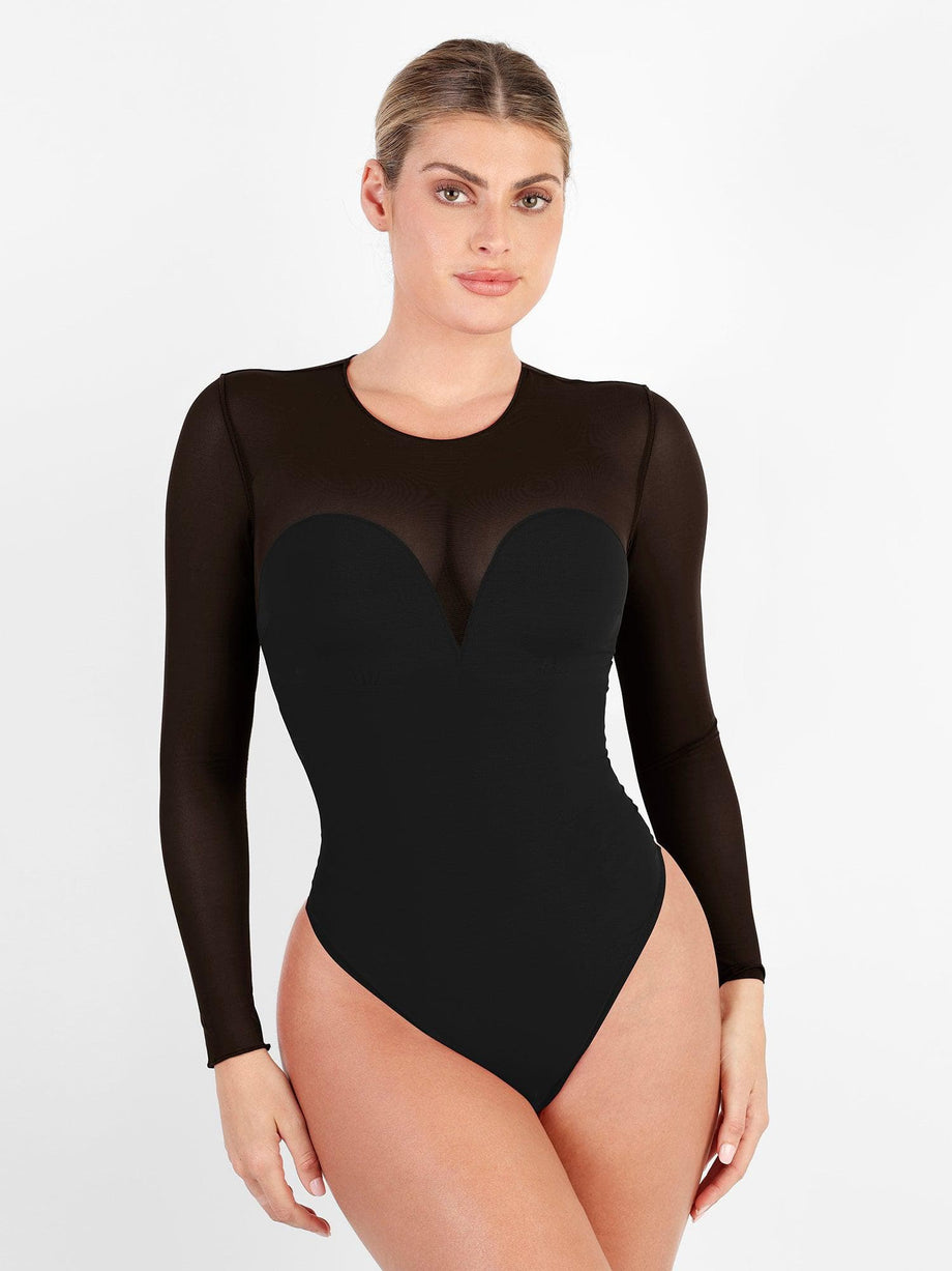 Long sleeve shapewear bodysuit, neckline is finished with a delicate mesh -   Portugal