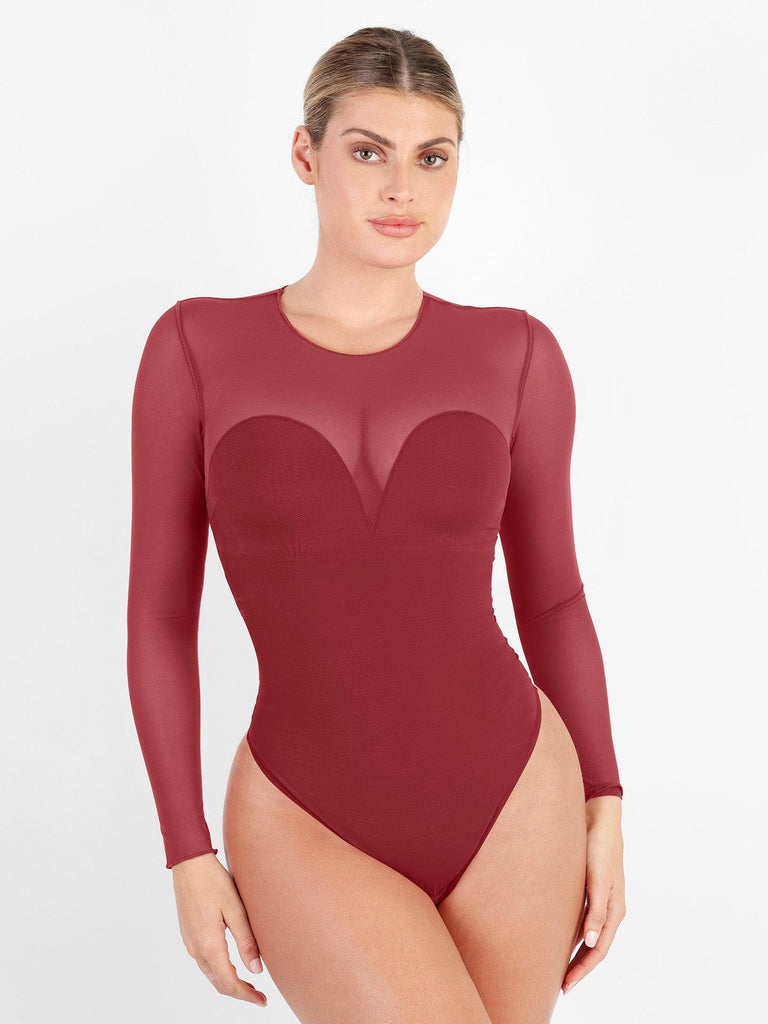 JPLILY Long Sleeve Thong Bodysuit for Women Work Ribbed Fitted
