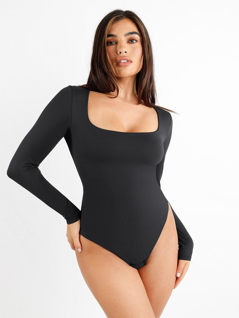 Popilush? Black / S Seamless Square-Neck Long-Sleeve Bodysuit