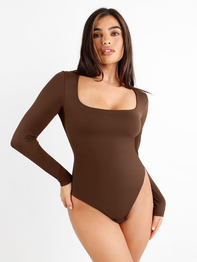 Popilush? Brown / S Seamless Square-Neck Long-Sleeve Bodysuit