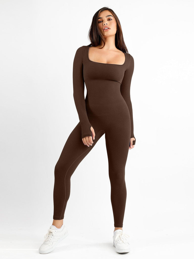 Popilush? Yoga Activewear Jumpsuit Winter Seamless Thumb Hole Square Neck Long Sleeve Jumpsuit
