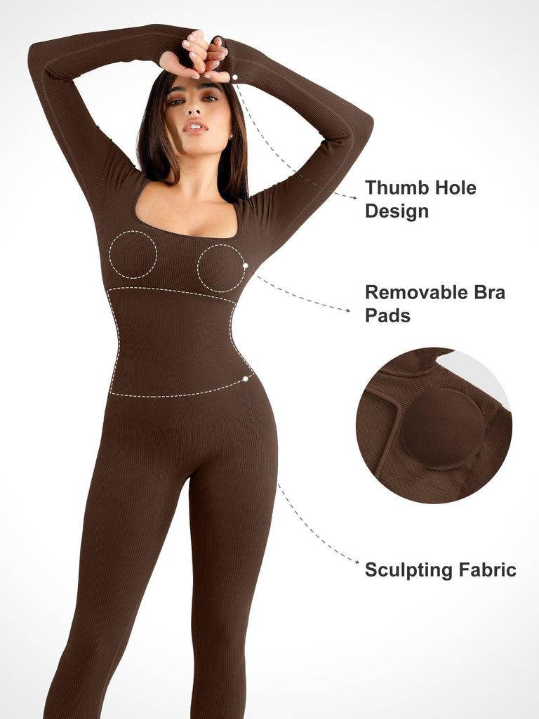 Popilush? Yoga Activewear Jumpsuit Winter Seamless Thumb Hole Square Neck Long Sleeve Jumpsuit
