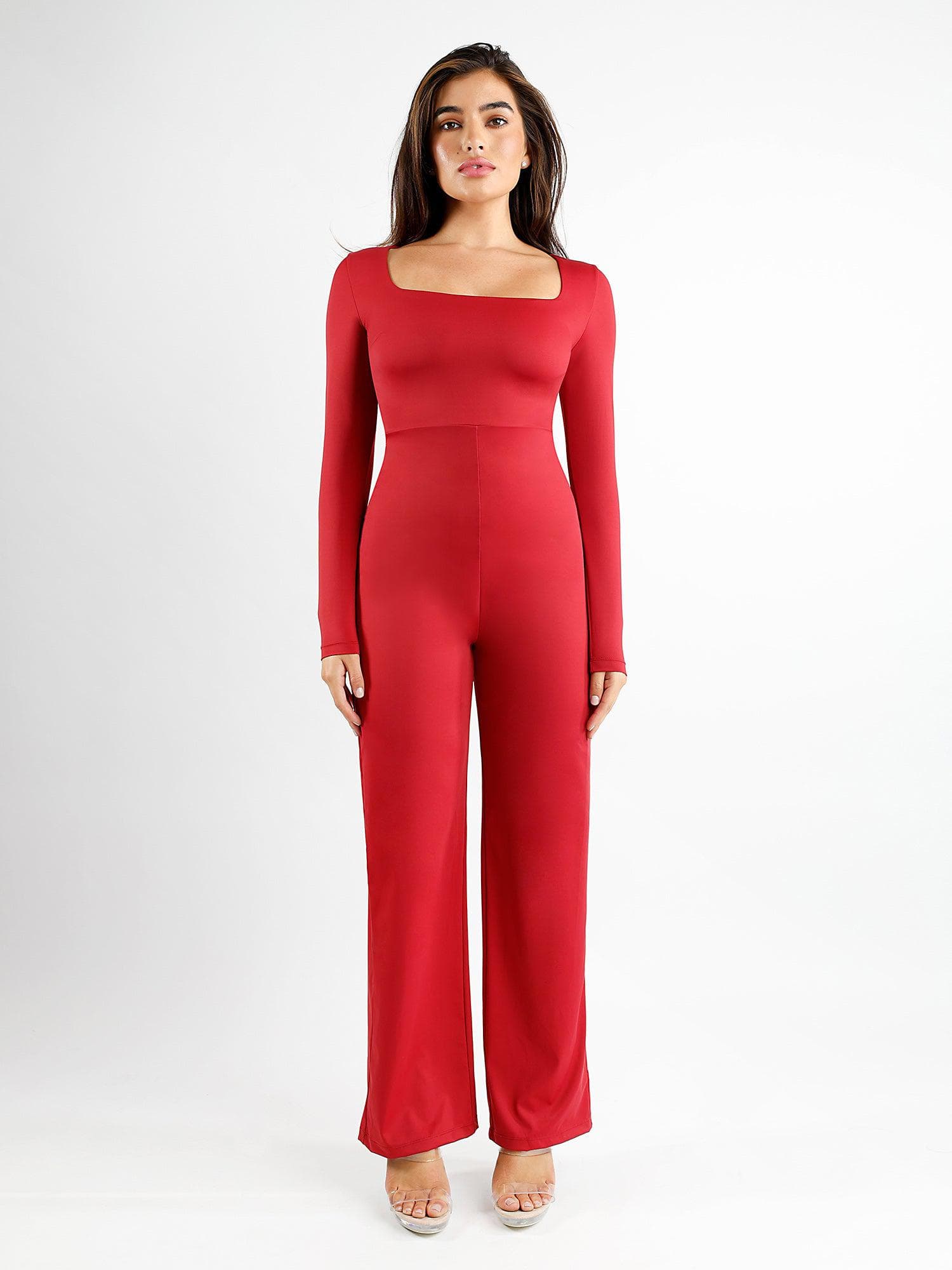 solacol Womens Long Sleeved Solid Color Light Velvet Fashion Square Neck  Tight Fitting Cutout Jumpsuit